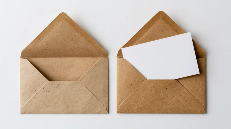 Two open kraft paper envelopes side by side on white surface, one containing blank white card