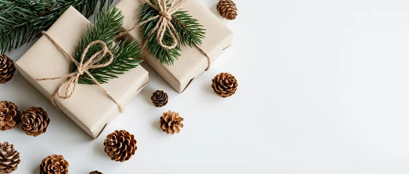 Two kraft paper gift boxes tied with twine and decorated with pine branches and pinecones on white surface