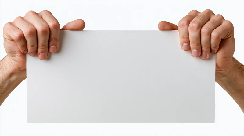 Male hands gripping edges of blank white paper sign against white background