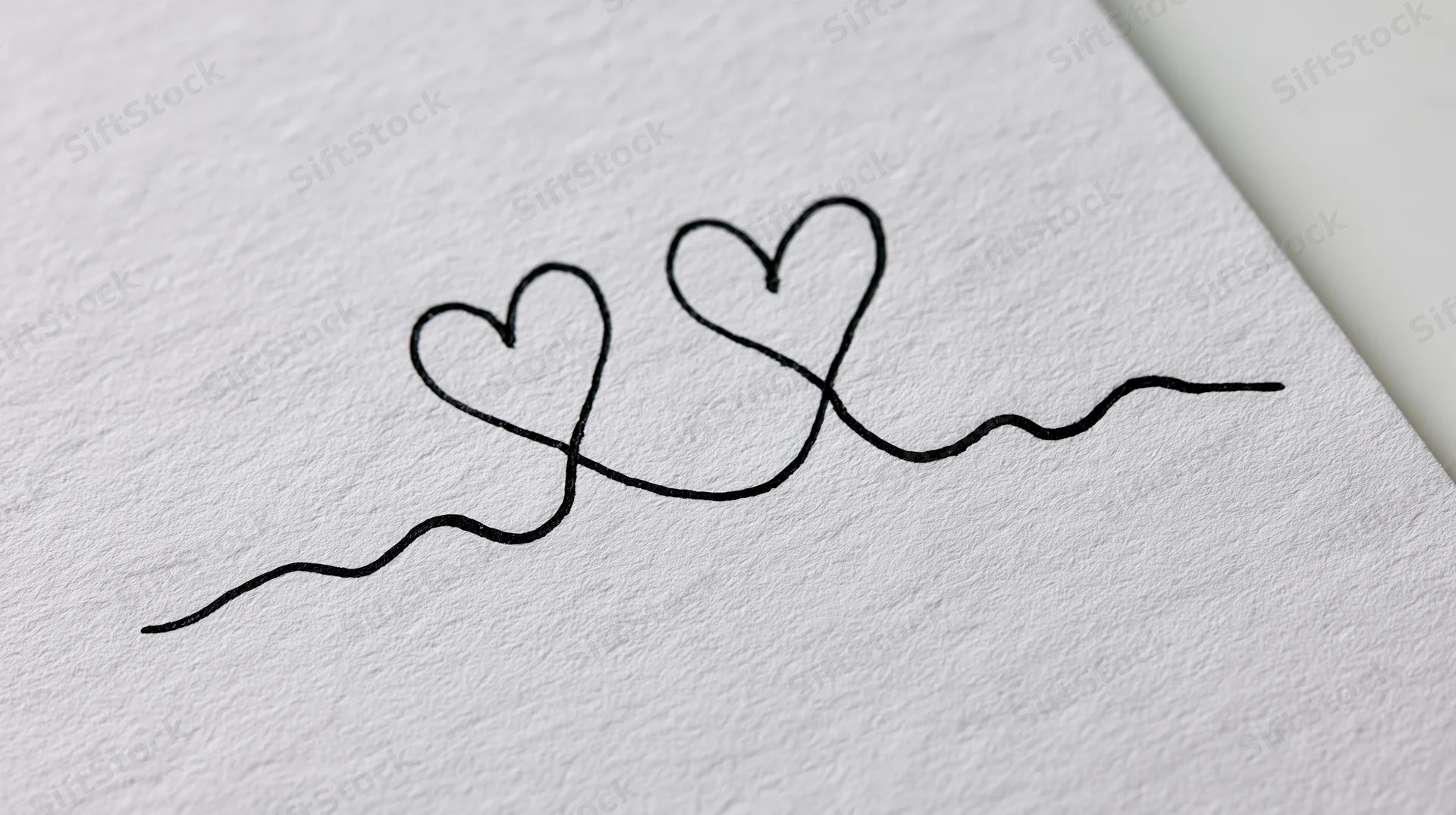 Two minimalist hearts drawn in a single continuous black line on textured white paper