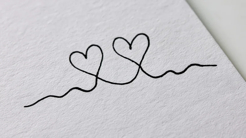 Two minimalist hearts drawn in a single continuous black line on textured white paper