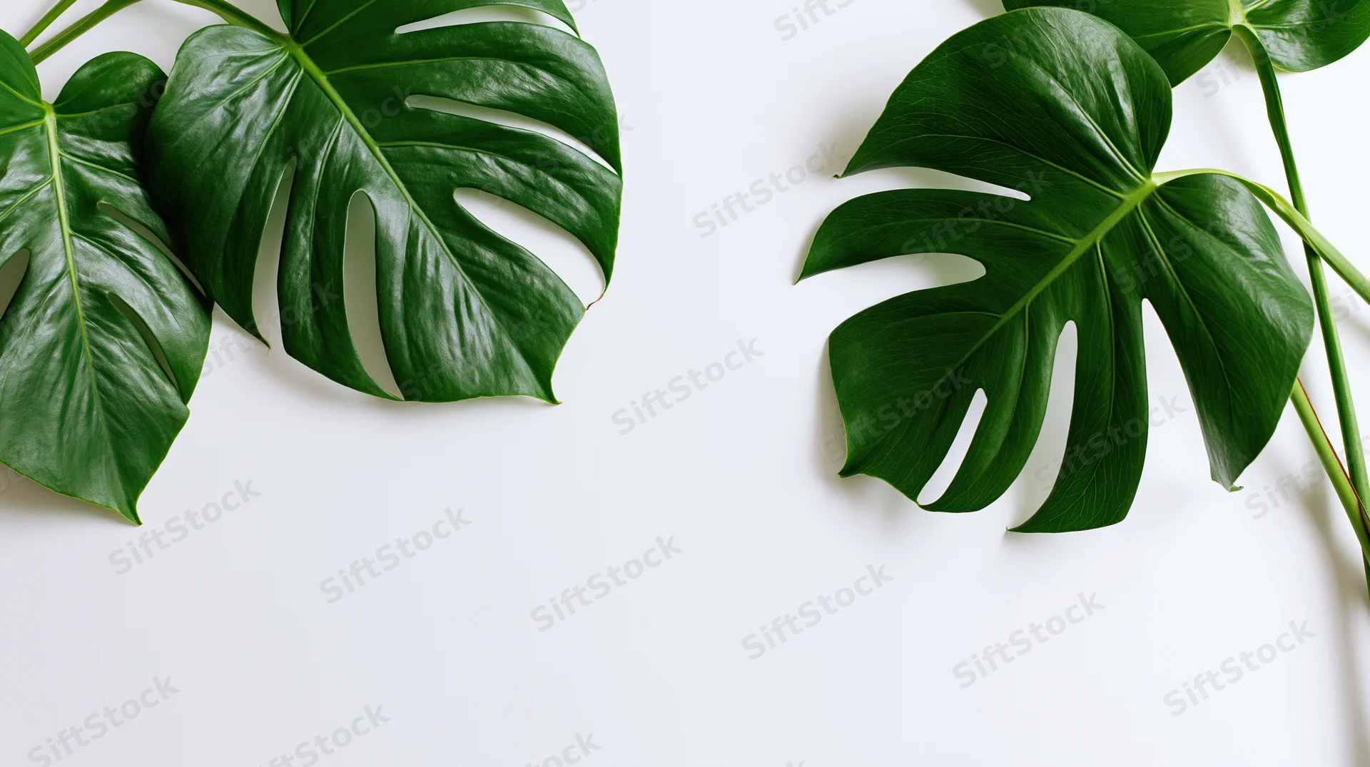 Monstera leaves arranged on white surface with copyspace