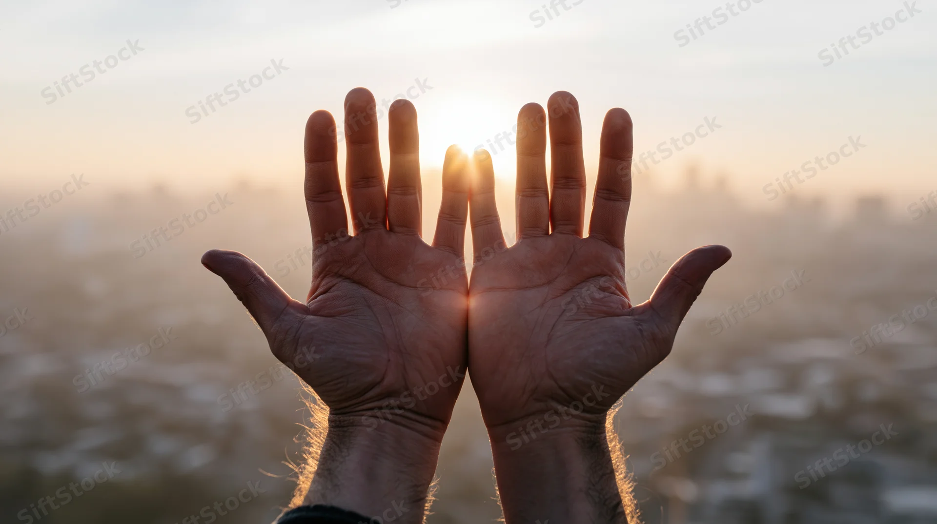 Open hands raised palms-up against a hazy city skyline at sunrise