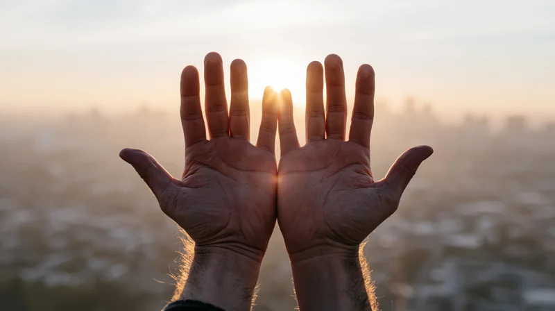 Open hands raised palms-up against a hazy city skyline at sunrise