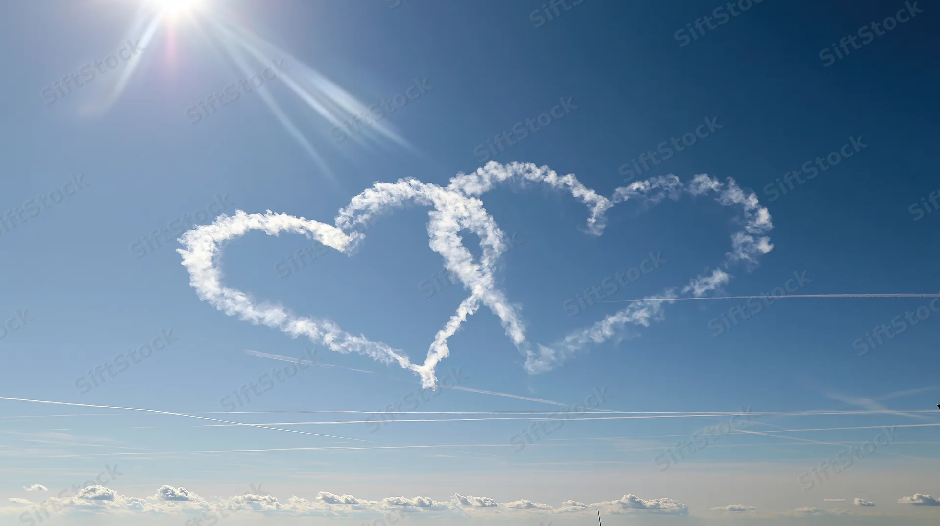 Two overlapping heart shapes formed by skywriting smoke in a clear blue sky with sun shining above
