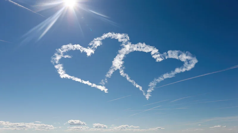 Two overlapping heart shapes formed by skywriting smoke in a clear blue sky