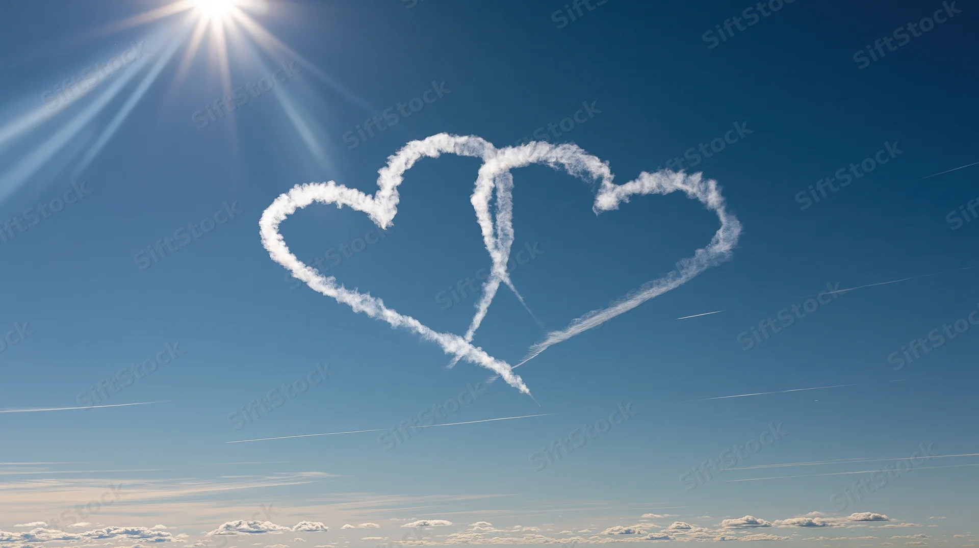 Two overlapping heart shapes formed by skywriting smoke in a clear blue sky with sun rays and scattered clouds below