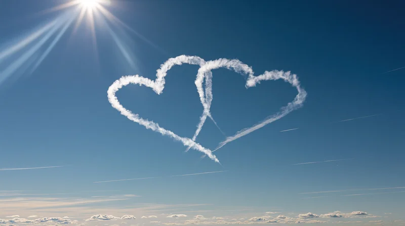 Two overlapping heart shapes formed by skywriting smoke in a clear blue sky with sun rays and scattered clouds below