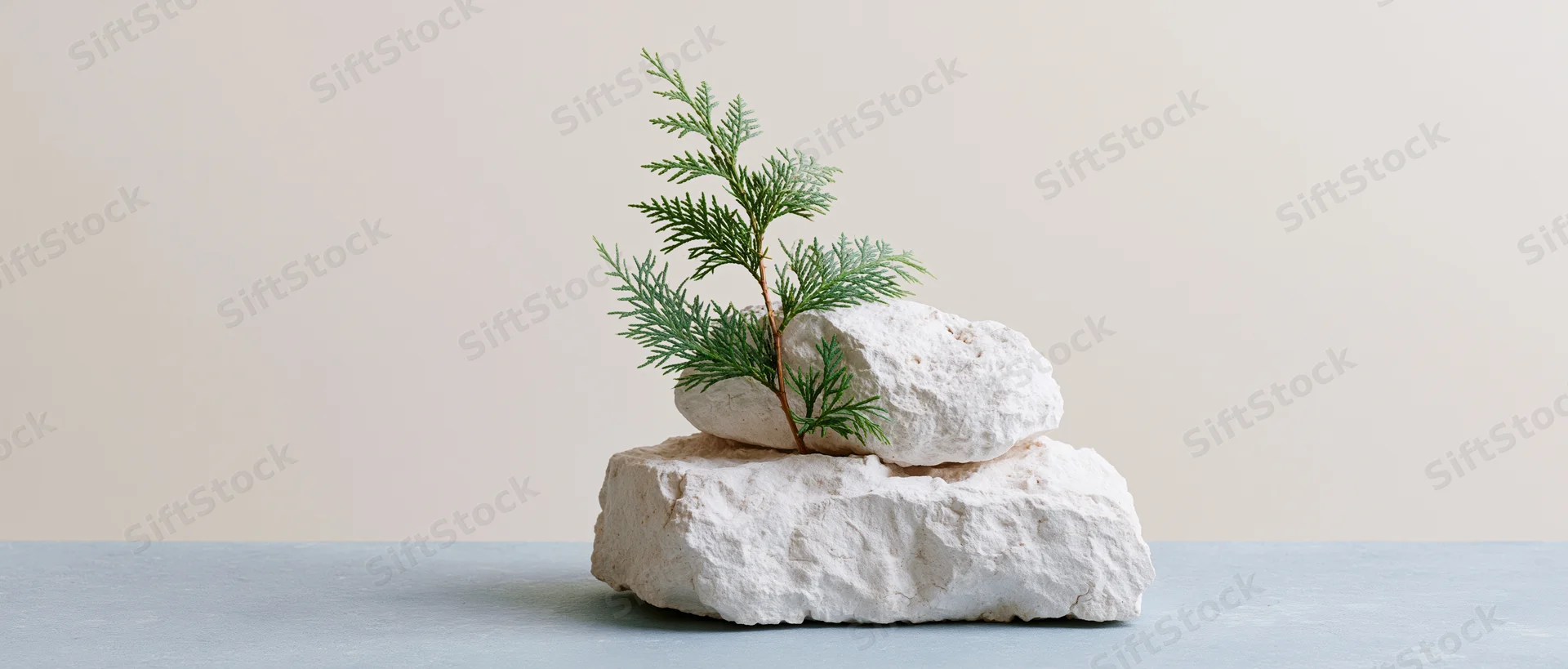 Small evergreen sprig growing from stacked white limestone rocks on a gray surface
