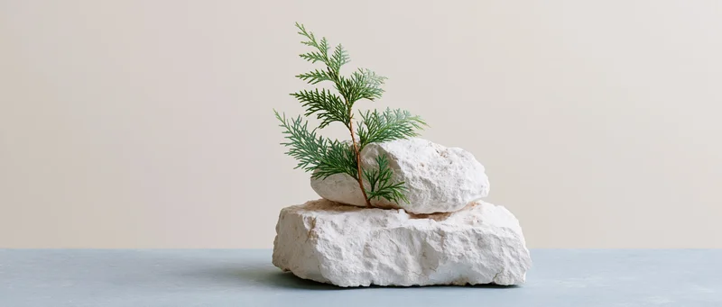 Small evergreen sprig growing from stacked white limestone rocks on a gray surface