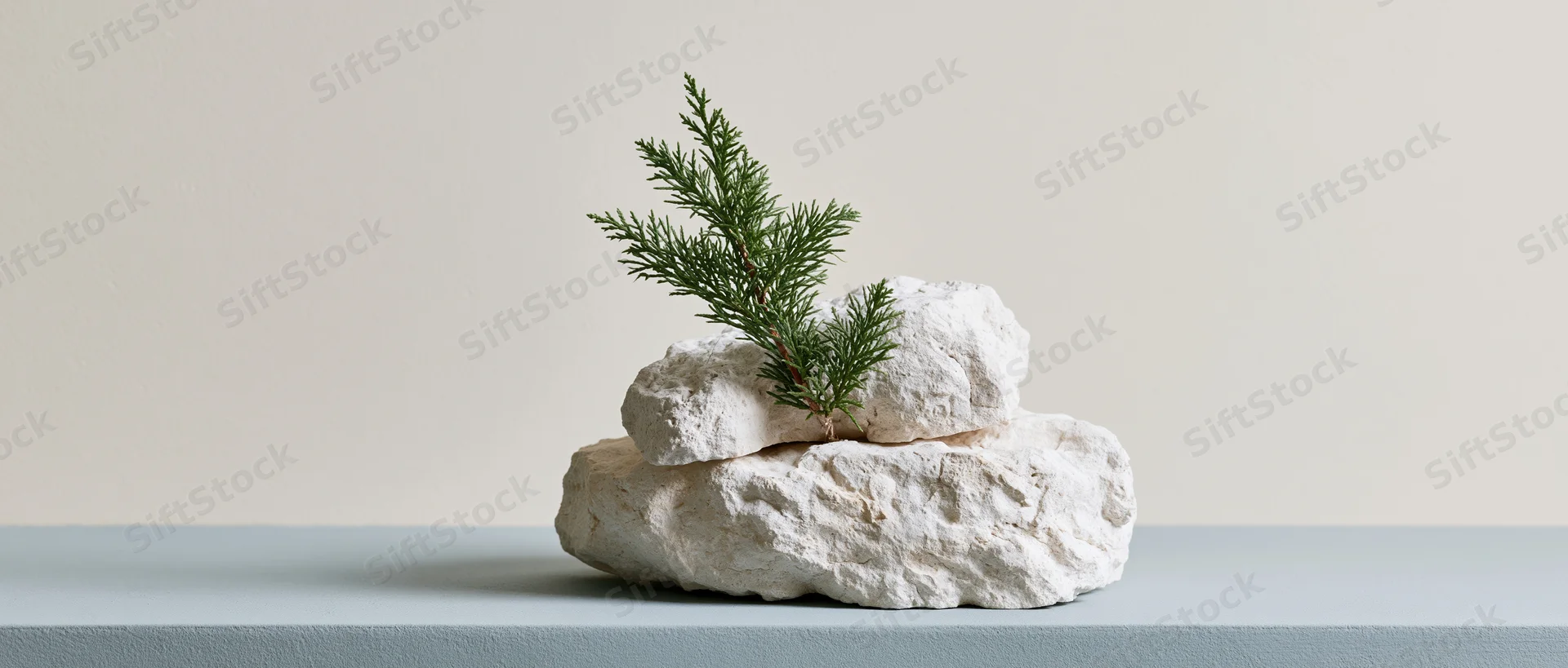 Stacked white limestone rocks with a small green juniper sprig on a gray surface