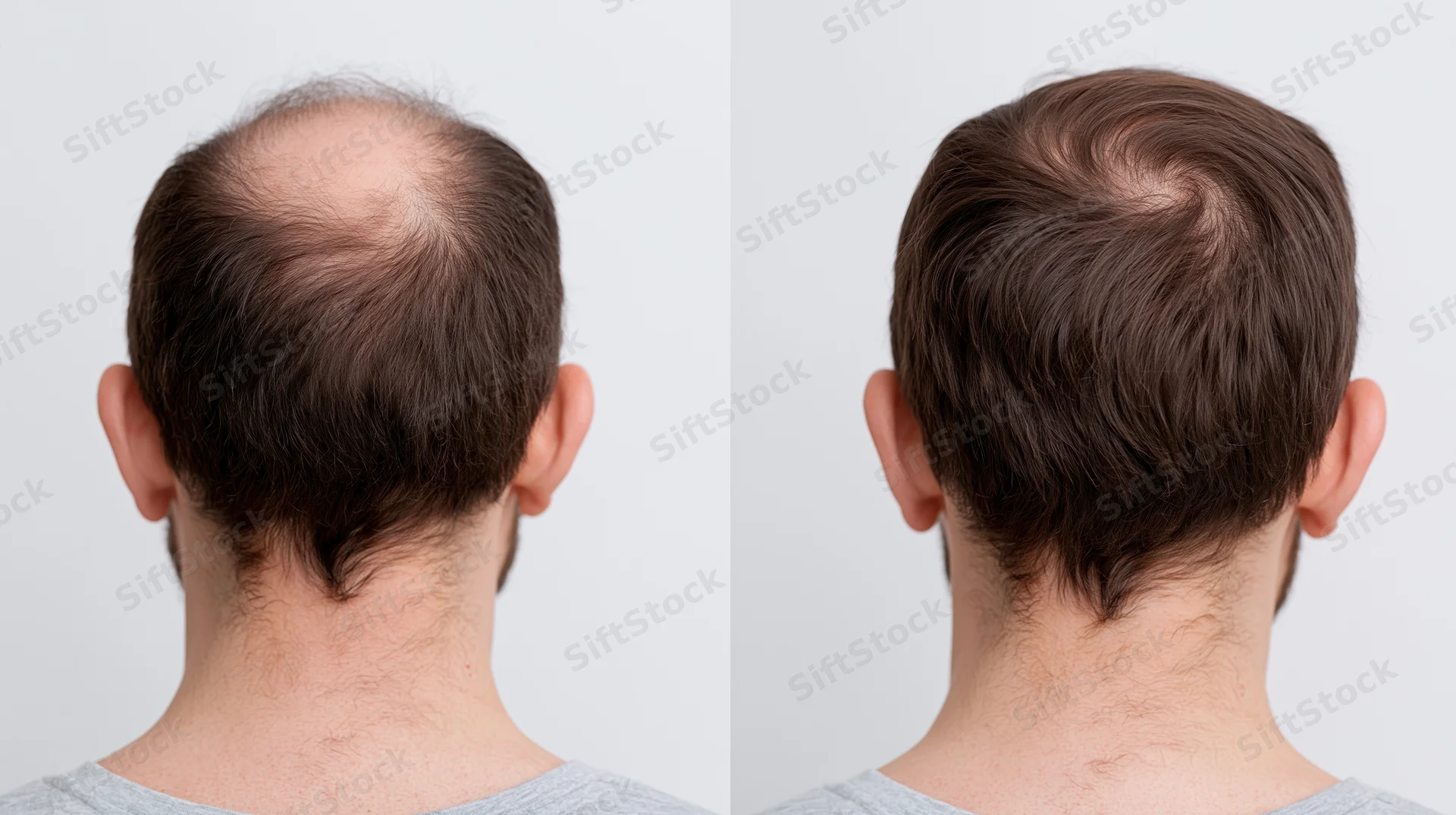 Back of a man's head showing hair loss before and after treatment in studio setting