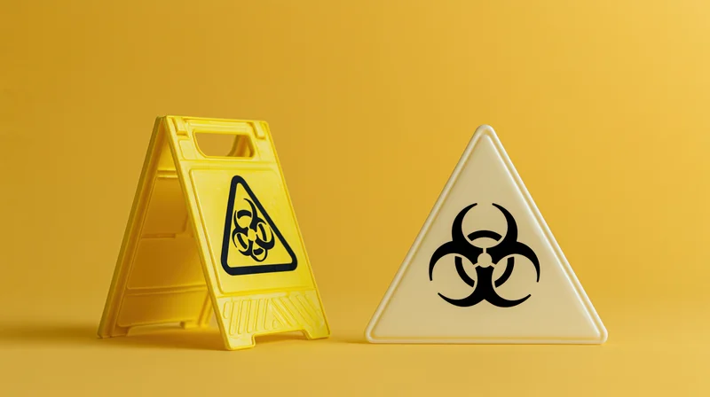 Two biohazard warning signs side by side on a yellow surface