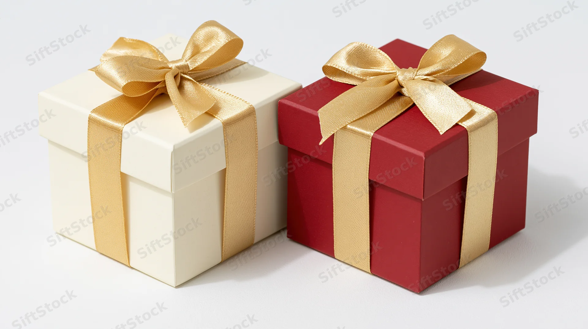 Two square gift boxes wrapped in red and white paper with gold ribbons side by side on a white surface