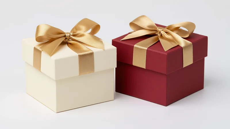 Two square gift boxes with gold ribbons side by side on white surface
