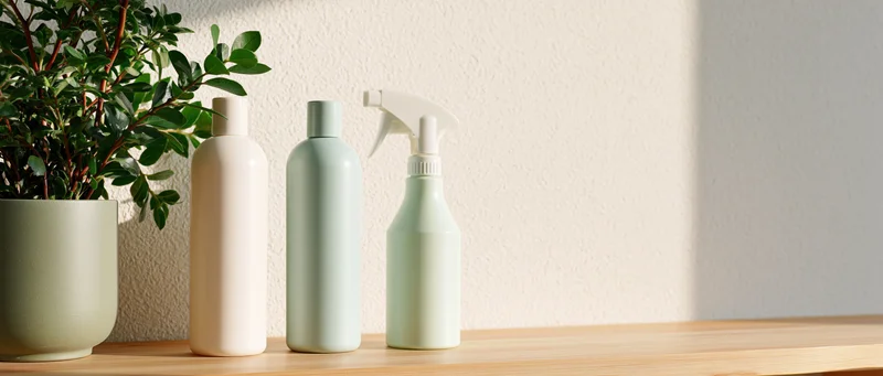 Three unlabeled cleaning bottles arranged on a wooden shelf beside a potted plant