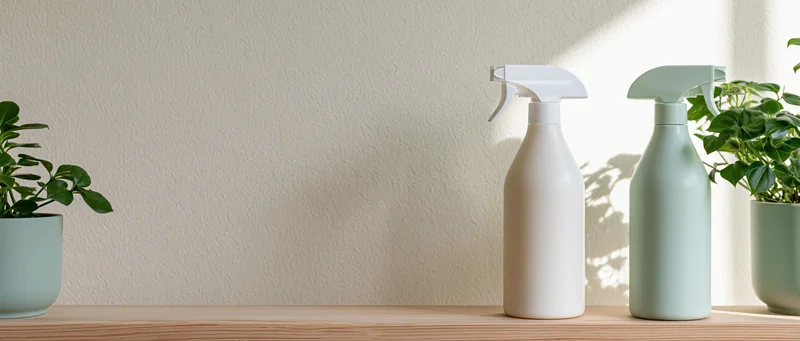 Two unlabeled spray bottles on a wooden shelf beside potted plants