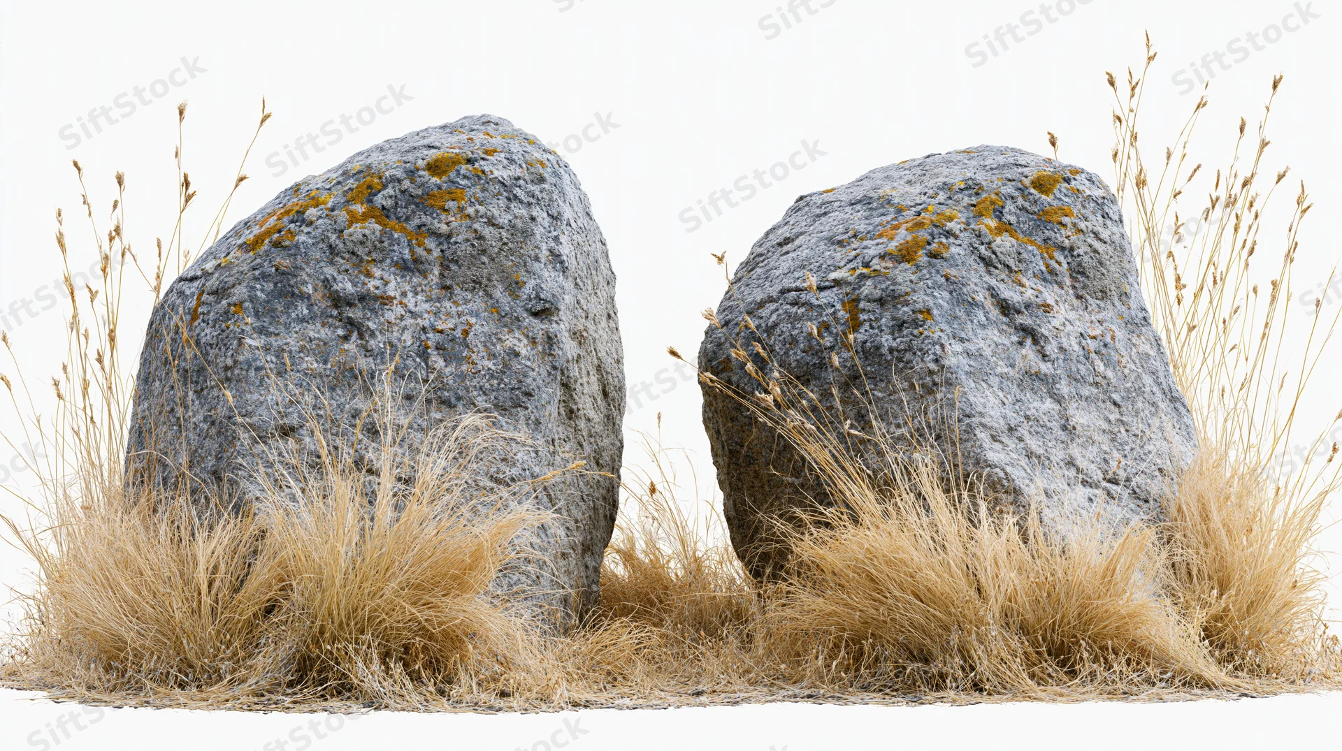 Two weathered granite boulders surrounded by dry golden grass on a plain white background