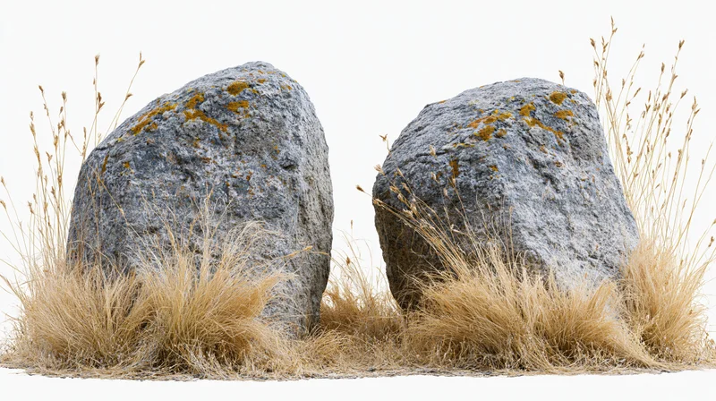 Two weathered granite boulders surrounded by dry golden grass on a plain white background