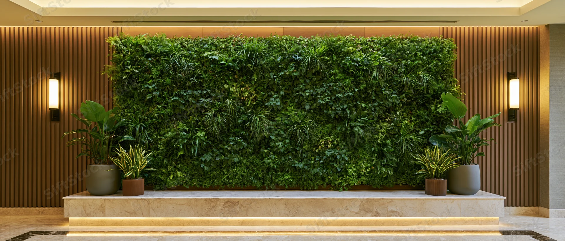 Large living green wall in upscale hotel lobby with potted plants and warm lighting