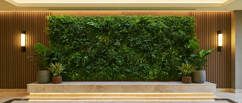 Large living green wall in upscale hotel lobby with potted plants and warm lighting