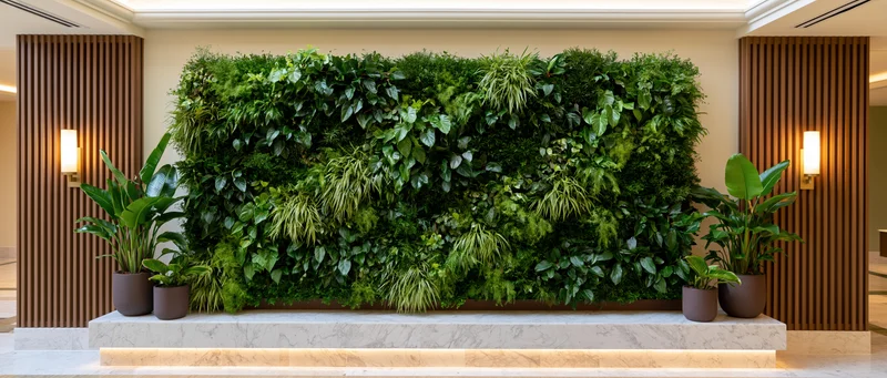Large living green wall in upscale hotel lobby with potted plants and wood paneling