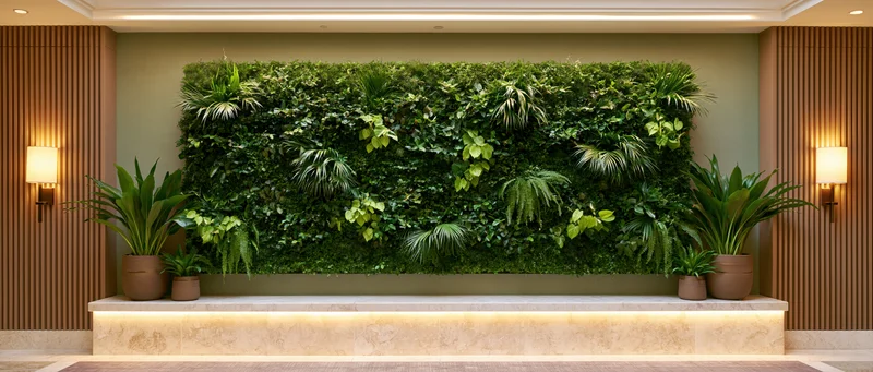Large living green wall in upscale hotel lobby with potted plants and warm lighting