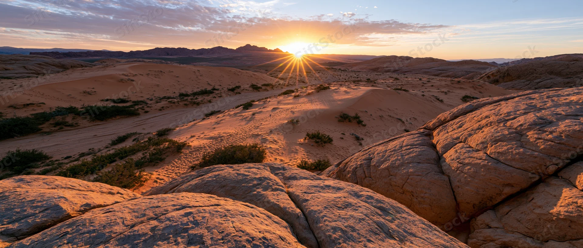 Desert landscape at sunset viewed from a rocky sandstone ridge with distant mesas and scattered shrubs under a cloudy sky