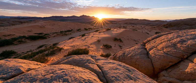 Desert landscape at sunset viewed from a rocky sandstone ridge with distant mesas and scattered shrubs under a cloudy sky