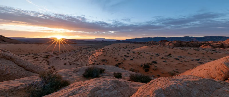 Desert landscape at sunset viewed from a rocky sandstone ridge with distant mountains and sparse shrubs under a cloudy sky