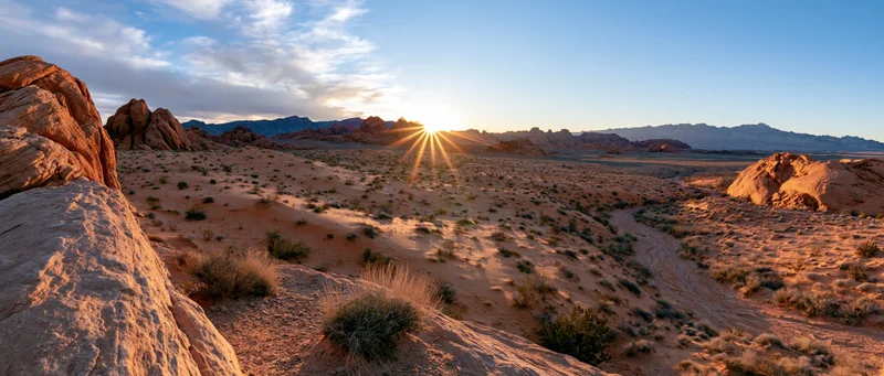 Desert landscape at sunset viewed from a rocky sandstone ridge with distant mountains and sparse vegetation