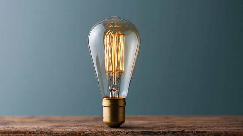 Vintage edison filament lightbulb glowing on a worn wooden surface