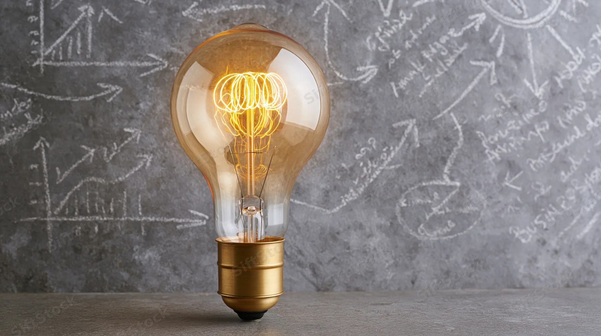 Vintage edison lightbulb glowing on concrete surface with chalkboard diagrams in background