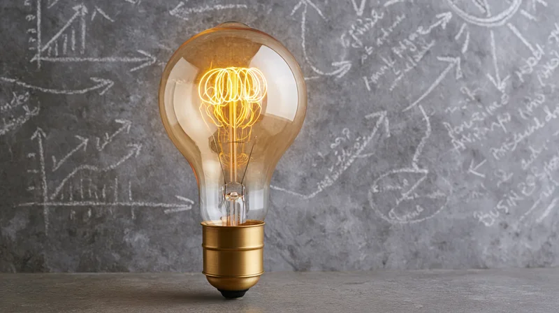 Vintage edison lightbulb glowing on concrete surface with chalkboard diagrams in background