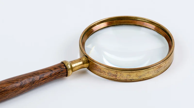 Vintage brass magnifying glass with dark wood grain handle on white background