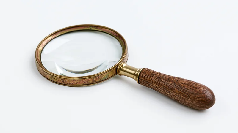 Vintage brass magnifying glass with dark wood grain handle on white background