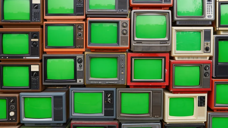 Stacked vintage crt televisions with green screens forming a wall display
