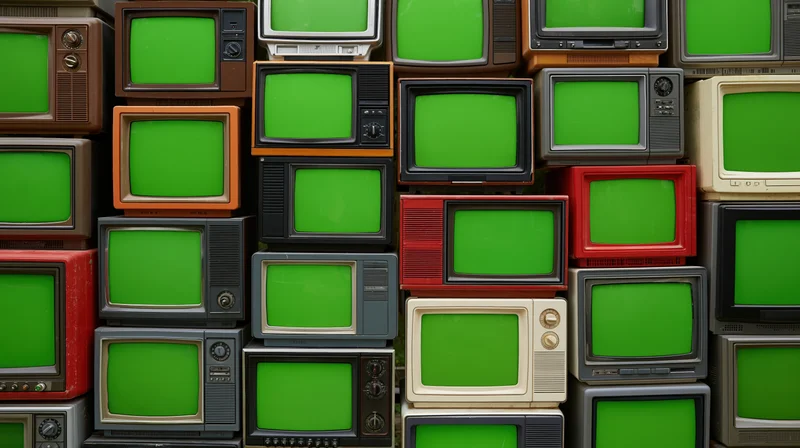 Stacked vintage crt televisions with green screens forming a wall display