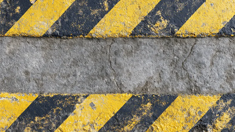 Weathered asphalt road surface with cracked concrete and faded yellow-black diagonal hazard stripes