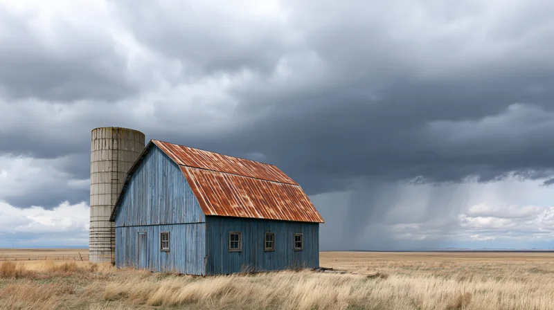 Weathered blue barn with rusted metal roof and silo in a