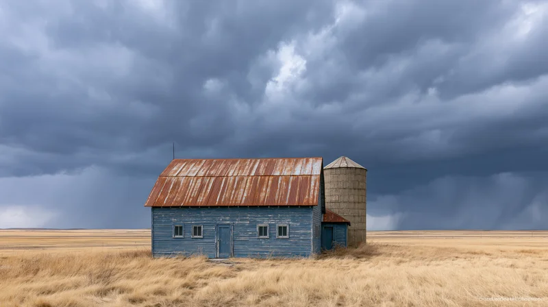 Weathered blue barn with rusted metal roof and silo under stormy sky in open field