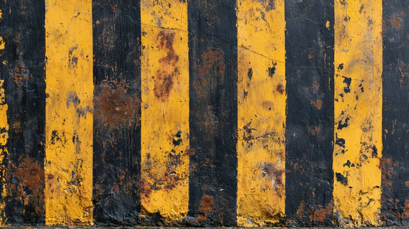 Weathered concrete wall with faded yellow and black stripes showing rust and peeling paint