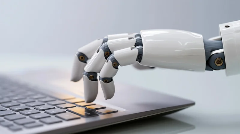 Robotic hand pressing a key on a laptop keyboard