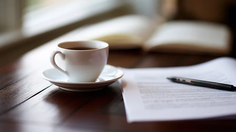 White ceramic coffee cup on saucer beside printed document and pen on wooden desk near window