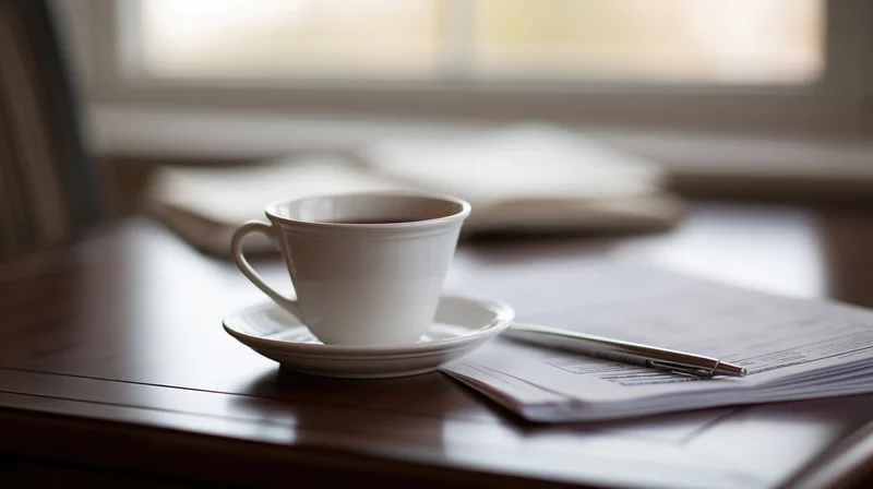 White ceramic coffee cup on saucer beside printed documents and pen on wooden desk near window