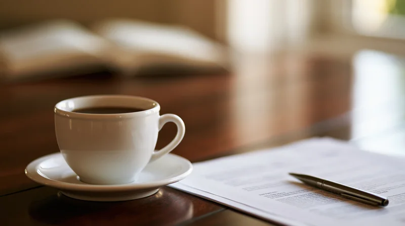 White ceramic coffee cup on saucer beside printed document and pen on wooden desk