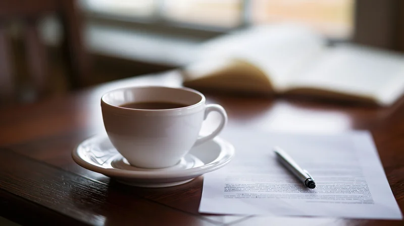 White ceramic coffee cup on saucer beside printed document and pen on wooden desk near window