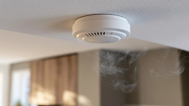White smoke detector mounted on ceiling with smoke rising nearby in a home interior