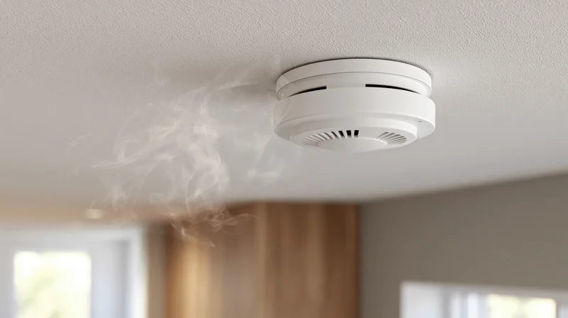 White smoke detector mounted on ceiling with smoke rising nearby in residential interior