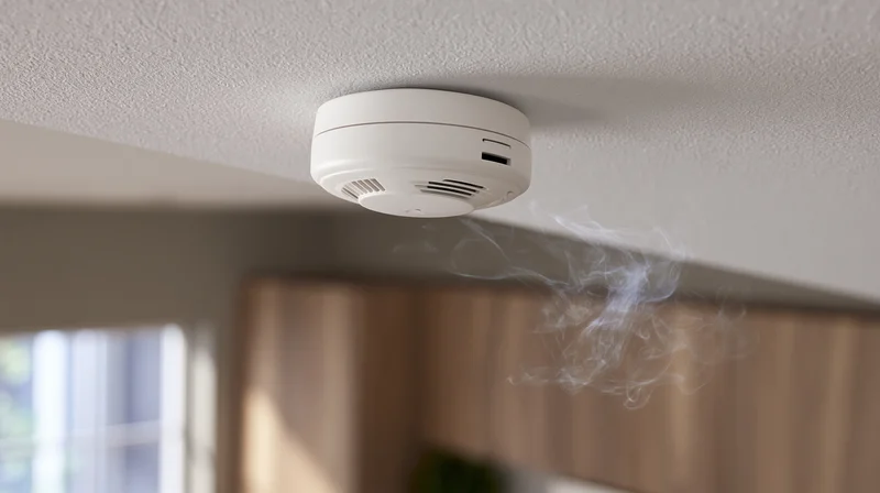 White smoke detector mounted on ceiling with smoke rising nearby in residential interior